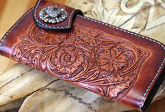 Handmade red brown leather floral eagle carved men biker wallet bifold Long wallet for men