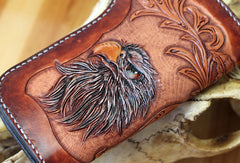Handmade red brown leather floral eagle carved men biker wallet bifold Long wallet for men