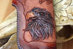 Handmade red brown leather floral eagle carved men biker wallet bifold Long wallet for men