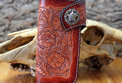 Handmade red brown leather floral eagle carved men biker wallet bifold Long wallet for men