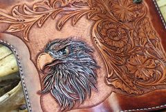 Handmade red brown leather floral eagle carved men biker wallet bifold Long wallet for men
