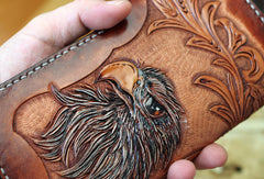 Handmade red brown leather floral eagle carved men biker wallet bifold Long wallet for men