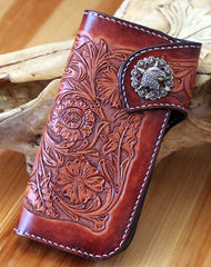 Handmade red brown leather floral eagle carved men biker wallet bifold Long wallet for men
