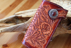 Handmade biker wallet brown leather floral rose carved men biker wallet bifold Long wallet for men