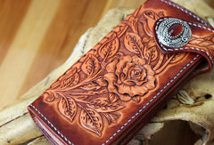 Handmade biker wallet brown leather floral rose carved men biker wallet bifold Long wallet for men