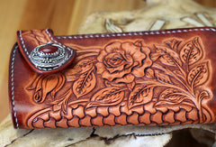 Handmade biker wallet brown leather floral rose carved men biker wallet bifold Long wallet for men