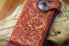 Handmade biker wallet brown leather floral rose carved men biker wallet bifold Long wallet for men