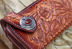Handmade biker wallet brown leather floral rose carved men biker wallet bifold Long wallet for men