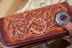 Handmade biker wallet brown leather floral rose carved men biker wallet bifold Long wallet for men