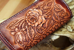 Handmade biker wallet brown leather floral rose carved men biker wallet bifold Long wallet for men