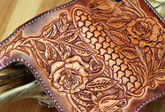 Handmade biker wallet brown leather floral rose carved men biker wallet bifold Long wallet for men