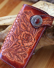 Handmade biker wallet brown leather floral rose carved men biker wallet bifold Long wallet for men