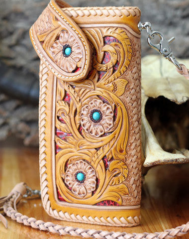 Handmade biker wallet beige yellow carved leather men biker wallet chain bifold Long wallet for men - EverHandmade
