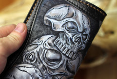 Handmade tooled biker wallet leather black blue skull carved chain wallet Long wallet clutch for men