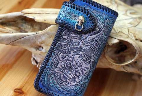 Handmade Tooled Chain Wallet biker wallet leather blue brown skull carved biker wallet Long wallet clutch for men