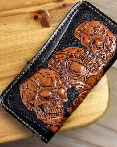 Handmade biker wallet leather black brown skull carved biker wallet Long wallet clutch for men