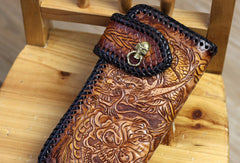 Handmade biker wallet brown leather Skull dragon carved biker wallet bifold Long wallet for men