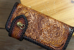 Handmade biker wallet brown leather Skull dragon carved biker wallet bifold Long wallet for men