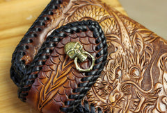 Handmade biker wallet brown leather Skull dragon carved biker wallet bifold Long wallet for men