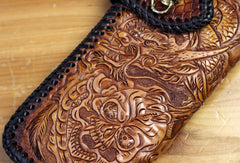 Handmade biker wallet brown leather Skull dragon carved biker wallet bifold Long wallet for men