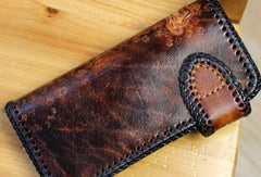 Handmade biker wallet brown leather Skull dragon carved biker wallet bifold Long wallet for men