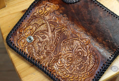 Handmade biker wallet brown leather Skull dragon carved biker wallet bifold Long wallet for men