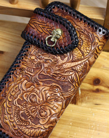 Handmade biker wallet brown leather Skull dragon carved biker wallet bifold Long wallet for men - EverHandmade