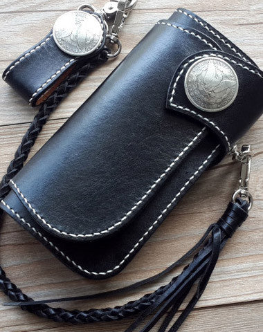 Handmade leather biker wallets black chain wallet Long wallet for men