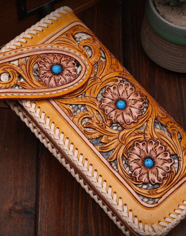 Handmade leather biker trucker floral flowers wallet leather chain men Black Carved Tooled wallet - EverHandmade