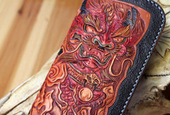 Handmade biker wallet black leather brave troops carved biker wallet chian bifold Long wallet for men - EverHandmade