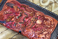 Handmade biker wallet black leather brave troops carved biker wallet chian bifold Long wallet for men - EverHandmade