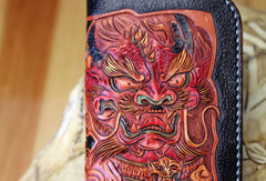 Handmade biker wallet black leather brave troops carved biker wallet chian bifold Long wallet for men - EverHandmade