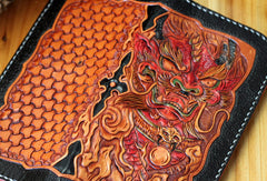 Handmade biker wallet black leather brave troops carved biker wallet chian bifold Long wallet for men
