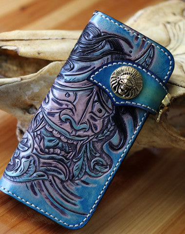 Handmade biker wallet blue leather Voltron carved biker wallet chian bifold Long wallet for men