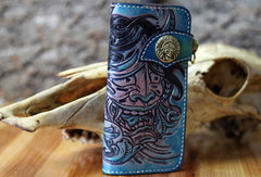 Handmade biker wallet blue leather Voltron carved biker wallet chian bifold Long wallet for men - EverHandmade