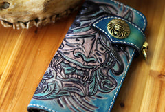 Handmade biker wallet blue leather Voltron carved biker wallet chian bifold Long wallet for men - EverHandmade