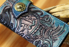 Handmade biker wallet blue leather Voltron carved biker wallet chian bifold Long wallet for men - EverHandmade