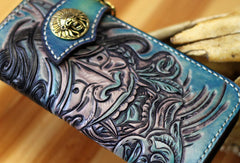Handmade biker wallet blue leather Voltron carved biker wallet chian bifold Long wallet for men