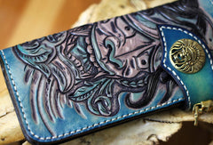 Handmade biker wallet blue leather Voltron carved biker wallet chian bifold Long wallet for men - EverHandmade