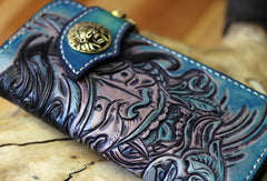 Handmade biker wallet blue leather Voltron carved biker wallet chian bifold Long wallet for men - EverHandmade