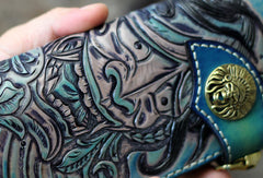 Handmade biker wallet blue leather Voltron carved biker wallet chian bifold Long wallet for men - EverHandmade