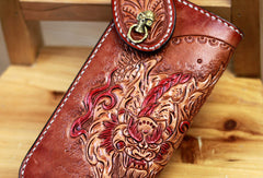 Handmade biker wallet brown leather kylin unicorn carved biker wallet chian trifold Long wallet for men