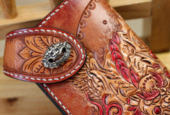 Handmade biker wallet brown leather kylin unicorn carved biker wallet chian trifold Long wallet for men