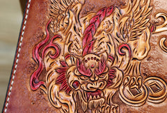 Handmade biker wallet brown leather kylin unicorn carved biker wallet chian trifold Long wallet for men