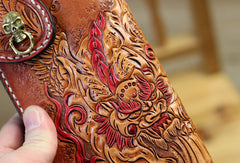 Handmade biker wallet brown leather kylin unicorn carved biker wallet chian trifold Long wallet for men
