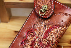 Handmade biker wallet brown leather kylin unicorn carved biker wallet chian trifold Long wallet for men