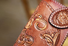 Handmade biker wallet brown leather kylin unicorn carved biker wallet chian trifold Long wallet for men