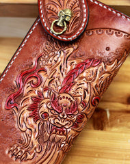 Handmade biker wallet brown leather kylin unicorn carved biker wallet chian trifold Long wallet for men