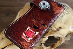 Handmade biker trucker Tooled wallet leather chain men wolf carved leather long wallet for men him - EverHandmade