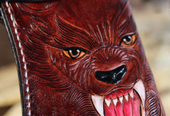 Handmade biker trucker Tooled wallet leather chain men wolf carved leather long wallet for men him - EverHandmade